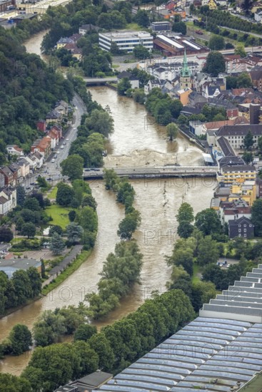 Aerial photo, Lennehochwasser, Hohenlimburg, Hagen, Ruhr area, North Rhine-Westphalia, Germany, DE, Europe, birds-eyes view, aerial photography, aerial photography, overview, overview, bird's eye view