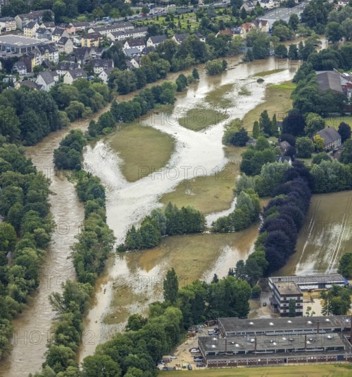 Aerial photo, Lennnehochwasser, Lennetal, Hagen, Ruhr area, North Rhine-Westphalia, Germany, DE, Europe, birds-eyes view, aerial photography, aerial photography, overview, overview, bird's eye view