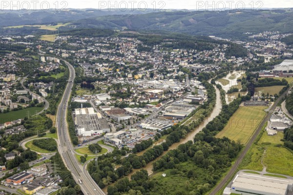 Aerial photo, Lennnehochwasser, Lennetal, Hagen, Ruhr area, North Rhine-Westphalia, Germany, DE, Europe, birds-eyes view, aerial photography, aerial photography, overview, overview, bird's eye view