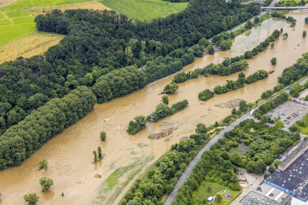 Aerial photo, Lennnehochwasser, Lennetal, Hagen, Ruhr area, North Rhine-Westphalia, Germany, DE, Europe, birds-eyes view, aerial photography, aerial photography, overview, overview, bird's eye view