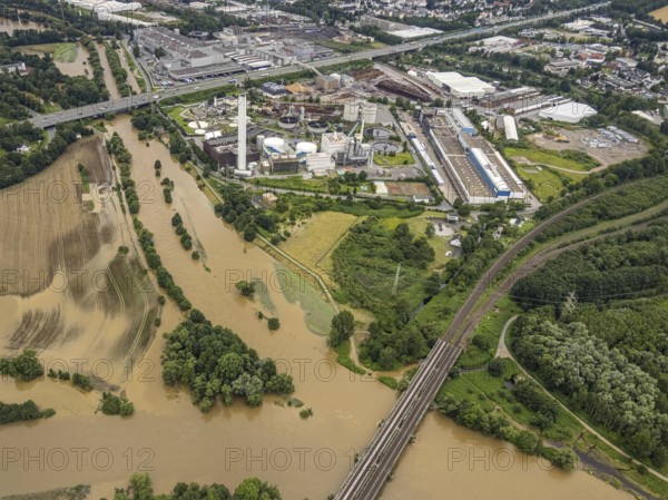 Aerial photo, Lennnehochwasser, Lennemündung, Boele, Hagen, Ruhr area, North Rhine-Westphalia, Germany, DE, Europe, birds-eyes view, aerial photography, aerial photography, overview, overview, bird's eye view