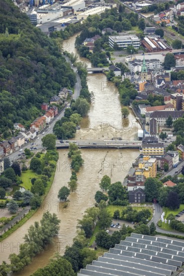 Aerial photo, Lennehochwasser, Hohenlimburg, Hagen, Ruhr area, North Rhine-Westphalia, Germany, DE, Europe, birds-eyes view, aerial photography, aerial photography, overview, overview, bird's eye view