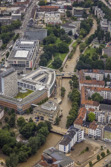 Aerial view, flood, floods, medium-sized town, Hagen, Ruhr area, North Rhine-Westphalia, Germany, DE, Europe, birds-eyes view, aerial photography, aerial photography, overview, overview, bird's eye view