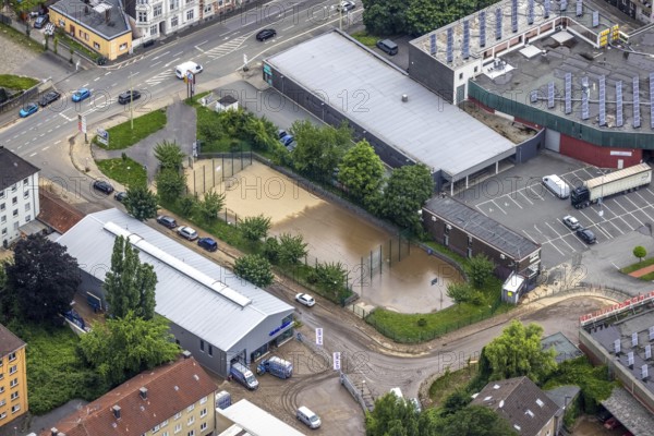 Aerial view, flood, floods, medium-sized town, Hagen, Ruhr area, North Rhine-Westphalia, Germany, DE, Europe, birds-eyes view, aerial photography, aerial photography, overview, overview, bird's eye view