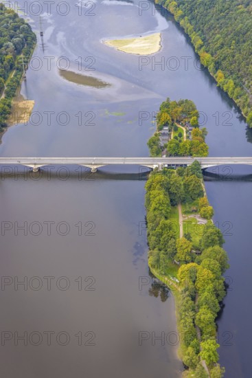 Aerial view, Hengsteysee with island and Ruhr bridge in the district Boele in Hagen, Ruhr area, North Rhine-Westphalia, Germany, DE, Europe, Hagen, aerial view, aerial photography, aerial photography, lake, overview, bird's-eye view, overview