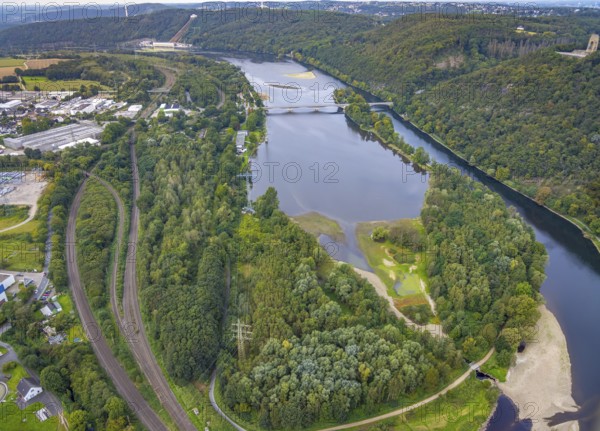 Aerial view, Hengsteysee with island and Ruhr bridge in the district Boele in Hagen, Ruhr area, North Rhine-Westphalia, Germany, DE, Europe, Hagen, aerial view, aerial photography, aerial photography, lake, overview, bird's-eye view, overview