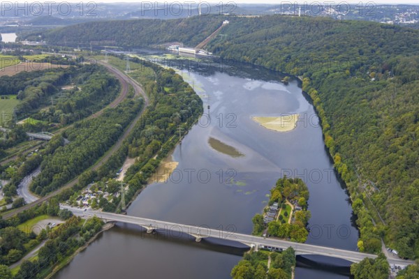 Aerial view, Hengsteysee with island and Ruhr bridge in the district Boele in Hagen, Ruhr area, North Rhine-Westphalia, Germany, DE, Europe, Hagen, aerial view, aerial photography, aerial photography, lake, overview, bird's-eye view, overview