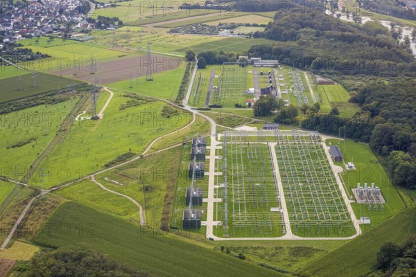 Aerial view, power line and substation Garenfeld in the district Boele in Hagen, Ruhr area, North Rhine-Westphalia, Germany, DE, Europe, Hagen, aerial view, aerial photography, aerial photography, overview, bird's-eye view, overview