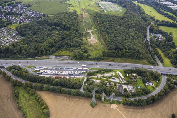 Aerial view, Lennhof service area on the A1 motorway in the Boele district of Hagen, Ruhr area, North Rhine-Westphalia, Germany, motorway, DE, Europe, freight traffic, Hagen, aerial view, aerial photography, aerial photography, car parks, Lennhof service area, road traffic, overview, traffic volume, bird's eye view, birds-eyes view, overview
