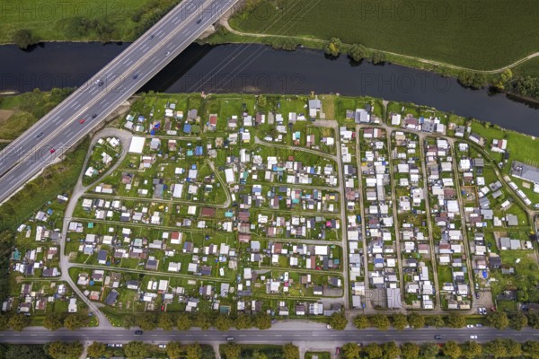 Aerial view, CampingClub Garenfeld Ruhrbogen at the river Ruhr in the district Boele in Hagen, Ruhr area, North Rhine-Westphalia, Germany, motorway A1, camping, camping facility, camping houses, camping mobile, camping site, DE, Europe, leisure, Hagen, hobby, aerial view, aerial photography, aerial photography, overview, bird's eye view, motorhome, caravan, birds-eyes view, overview