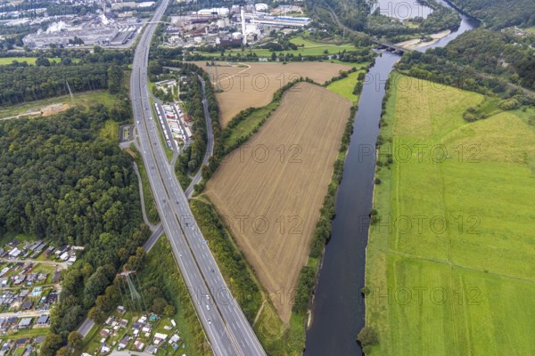 Aerial view, Lennhof service area on the A1 motorway with Lennemündung into the Ruhr in the district of Boele in Hagen, Ruhr area, North Rhine-Westphalia, Germany, motorway, DE, Europe, freight traffic, Hagen, aerial view, aerial photography, aerial photography, car parks, Lennhof service area, road traffic, overview, traffic volume, bird's eye view, overview