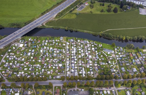 Aerial view, CampingClub Garenfeld Ruhrbogen at the river Ruhr in the district Boele in Hagen, Ruhr area, North Rhine-Westphalia, Germany, motorway A1, camping, camping facility, camping houses, camping mobile, camping site, DE, Europe, leisure, Hagen, hobby, aerial view, aerial photography, aerial photography, overview, bird's eye view, motorhome, caravan, birds-eyes view, overview