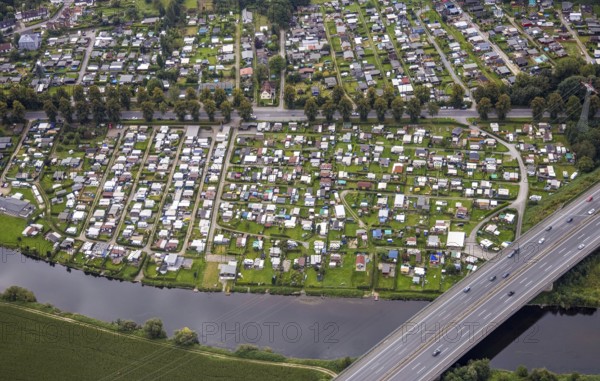 Aerial view, CampingClub Garenfeld Ruhrbogen at the river Ruhr in the district Boele in Hagen, Ruhr area, North Rhine-Westphalia, Germany, motorway A1, camping, camping facility, camping houses, camping mobile, camping site, DE, Europe, leisure, Hagen, hobby, aerial view, aerial photography, aerial photography, overview, bird's eye view, motorhome, caravan, birds-eyes view, overview