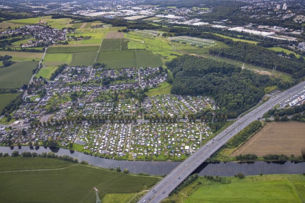 Aerial view, CampingClub Garenfeld Ruhrbogen at the river Ruhr in the district Boele in Hagen, Ruhr area, North Rhine-Westphalia, Germany, motorway A1, camping, camping facility, camping houses, camping mobile, camping site, DE, Europe, leisure, Hagen, hobby, aerial view, aerial photography, aerial photography, overview, bird's eye view, motorhome, caravan, birds-eyes view, overview