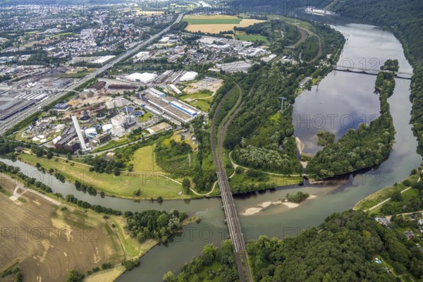 Aerial view, the mouth of the river Lenne into the Ruhr near Hagen and Dortmund, a week ago the Ruhr was still flooded, course of the Ruhr, Boele, Hagen, Ruhr area, North Rhine-Westphalia, Germany, Dortmund, DE, Europe, birds-eyes view, aerial view, aerial photography, aerial photography, overview, bird's eye view