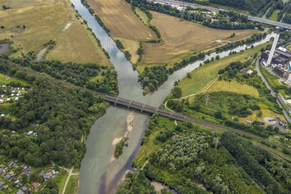 Aerial view, the mouth of the river Lenne into the Ruhr near Hagen and Dortmund, a week ago the Ruhr was still flooded, course of the Ruhr, Boele, Hagen, Ruhr area, North Rhine-Westphalia, Germany, DE, Europe, birds-eyes view, aerial view, aerial photography, aerial photography, overview, bird's eye view