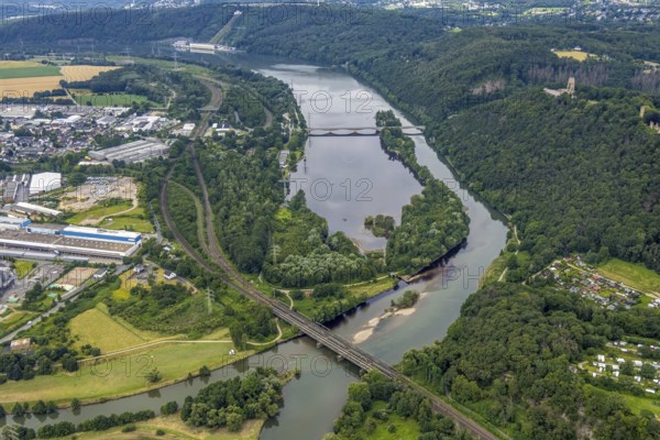 Aerial view, the mouth of the river Lenne into the Ruhr near Hagen and Dortmund, a week ago the Ruhr was still flooded, course of the Ruhr, Boele, Hagen, Ruhr area, North Rhine-Westphalia, Germany, DE, Europe, birds-eyes view, aerial view, aerial photography, aerial photography, overview, bird's eye view