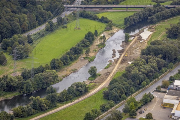 Aerial photo, renaturalisation measure river Lenne and Lenneauen in the district Lennetal in Hagen, Ruhr area, North Rhine-Westphalia, Germany, floodplain landscape, DE, Europe, Hagen, aerial photo, aerial photography, aerial photography, nature reserve, overview, bird's-eye view, overview, renaturalised river, eco-project