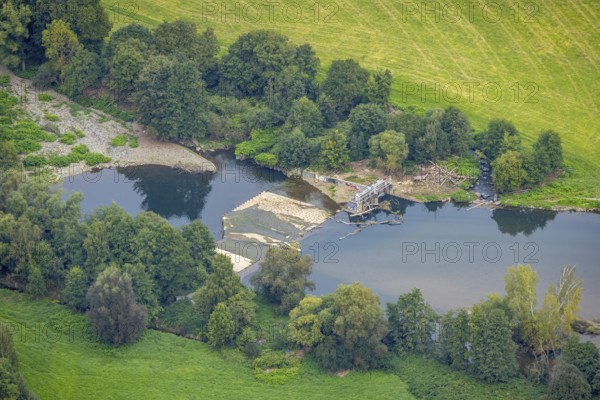 Aerial view, driftwood at the weir at the river Lenne in the district Boele in Hagen, Ruhr area, North Rhine-Westphalia, Germany, DE, Europe, Hagen, aerial view, aerial photography, aerial photography, overview, bird's eye view, weir, birds-eyes view, overview
