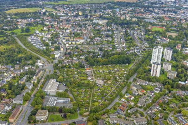 Aerial view, view Pappelstraße with allotment garden site Pivitt and allotment garden site Stennesufer in the district Boele in Hagen, Ruhr area, North Rhine-Westphalia, Germany, DE, Europe, community garden, property tax, Hagen, high-rise buildings, real estate, KGV, allotment garden, allotment garden site, allotment garden association, allotment garden association, aerial view, aerial photography, aerial photography, apartment buildings, allotment garden, overview, bird's eye view, housing estate, living and living, residential area, residential buildings, residential quality, residential neighbourhood, housing estate, birds-eyes view, overview