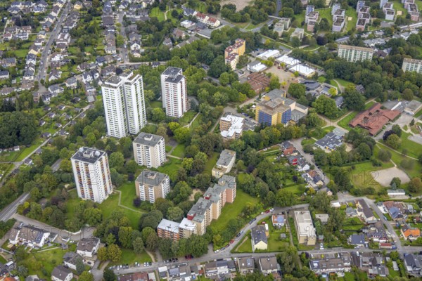 Aerial view, high-rise residential area Pappelstraße and Eschenweg in the district Boele in Hagen, Ruhr area, North Rhine-Westphalia, Germany, DE, Europe, property tax, Hagen, high-rise buildings, real estate, aerial view, aerial photography, aerial photography, multi-family houses, overview, bird's-eye view, residential complex, living and living, residential area, residential buildings, residential quality, residential neighbourhood, housing estate, birds-eyes view, overview