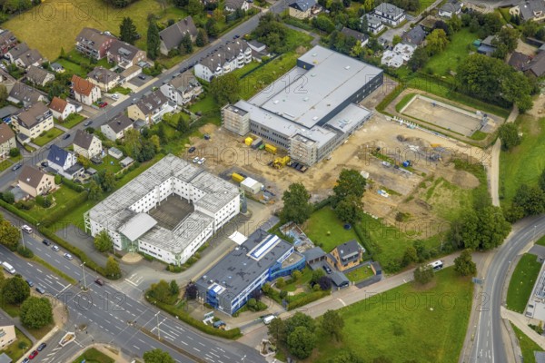 Aerial view, construction site and new construction of a manufactory commissioning area Sanitätshaus Riepe on Knippschildstraße next to the Hagen district court in the Boele district of Hagen, Ruhr area, North Rhine-Westphalia, Germany, construction work, construction area, building site, building plots, construction project, construction project, construction site, DE, Europe, commercial enterprises, commercial area, commercial area, commercial location, commercial use, Hagen, industrial area, industrial location, aerial view, aerial photography, aerial photography, new construction, overview, bird's-eye view, overview