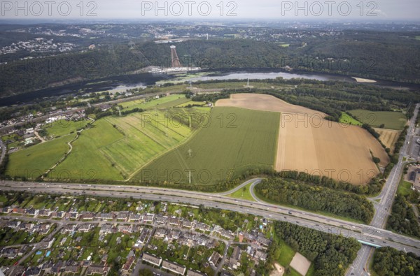 Aerial view, view from the motorway A1 exit Hagen-Nord to the Köpchenwerk RWE pumped storage power plant Herdecke from the district Boele in Hagen, Ruhr area, North Rhine-Westphalia, Germany, DE, Europe, Hagen, aerial view, aerial photography, aerial photography, overview, bird's-eye view, meadows and fields, birds-eyes view, overview
