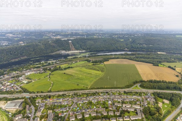 Aerial view, view from the motorway A1 exit Hagen-Nord to the Köpchenwerk RWE pumped storage power plant Herdecke from the district Boele in Hagen, Ruhr area, North Rhine-Westphalia, Germany, DE, Europe, Hagen, power plant, aerial view, aerial photography, aerial photography, overview, bird's eye view, meadows and fields, birds-eyes view, overview