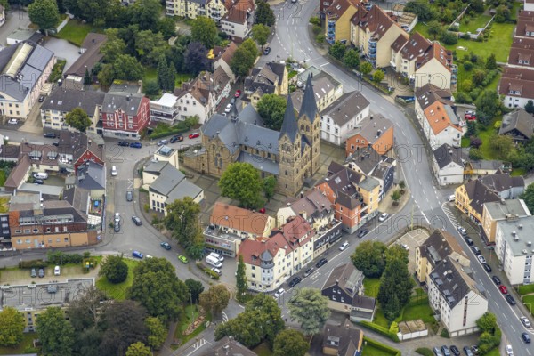 Aerial view, Boeler Kirchplatz with St John the Baptist Catholic Church in the Boele district of Hagen, Ruhr area, North Rhine-Westphalia, Germany, place of worship, DE, Europe, religious community, place of worship, Hagen, holy site, church, parish, denomination, aerial view, aerial photography, aerial photography, religion, religious site, overview, bird's-eye view, overview