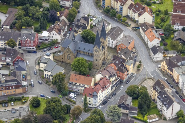 Aerial view, Boeler Kirchplatz with St John the Baptist Catholic Church in the Boele district of Hagen, Ruhr area, North Rhine-Westphalia, Germany, place of worship, DE, Europe, religious community, place of worship, Hagen, holy site, church, parish, denomination, aerial view, aerial photography, aerial photography, religion, religious site, overview, bird's-eye view, overview