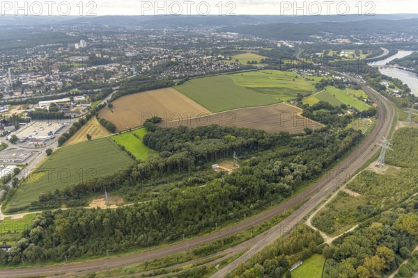 Aerial view, view over meadows and fields with power line to Hagen from the district Boele in Hagen, Ruhr area, North Rhine-Westphalia, Germany, DE, Europe, Hagen, aerial view, aerial photography, aerial photography, overview, bird's eye view, meadows and fields, birds-eyes view, overview