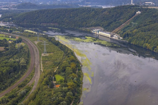 Aerial view, algae infestation in the Hengsteysee with Köpchenwerk RWE pumped storage power plant Herdecke and district Boele in Hagen, Ruhr area, North Rhine-Westphalia, Germany, DE, Europe, Hagen, aerial view, aerial photography, aerial photography, lake, overview, bird's-eye view, overview