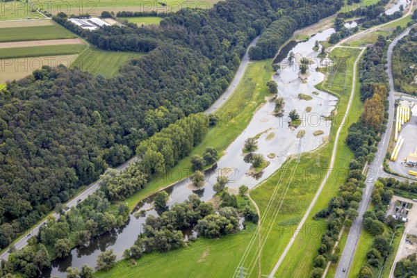 Aerial photo, renaturalisation measure river Lenne and Lenneauen in the district Lennetal in Hagen, Ruhr area, North Rhine-Westphalia, Germany, floodplain landscape, DE, Europe, Hagen, aerial photo, aerial photography, aerial photography, nature reserve, overview, bird's-eye view, overview, renaturalised river, eco-project