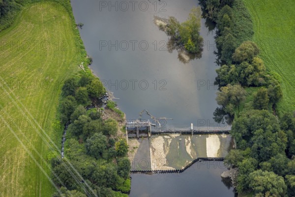 Aerial view, driftwood at the weir at the river Lenne in the district Boele in Hagen, Ruhr area, North Rhine-Westphalia, Germany, DE, Europe, Hagen, aerial view, aerial photography, aerial photography, overview, bird's eye view, weir, birds-eyes view, overview