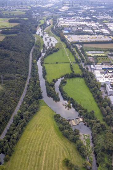 Aerial view, driftwood weir at the river Lenne in the district Boele in Hagen, Ruhr area, North Rhine-Westphalia, Germany, DE, Europe, Hagen, aerial view, aerial photography, aerial photography, overview, bird's eye view, weir, birds-eyes view, overview