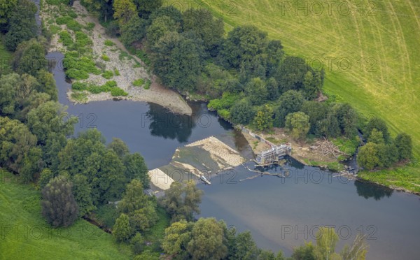Aerial view, driftwood at the weir at the river Lenne in the district Boele in Hagen, Ruhr area, North Rhine-Westphalia, Germany, DE, Europe, Hagen, aerial view, aerial photography, aerial photography, overview, bird's eye view, weir, birds-eyes view, overview