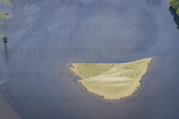 Aerial view, Hengsteysee with sandbank in the district Boele in Hagen, Ruhr area, North Rhine-Westphalia, Germany, DE, Europe, Hagen, aerial view, aerial photography, aerial photography, lake, overview, bird's-eye view, overview
