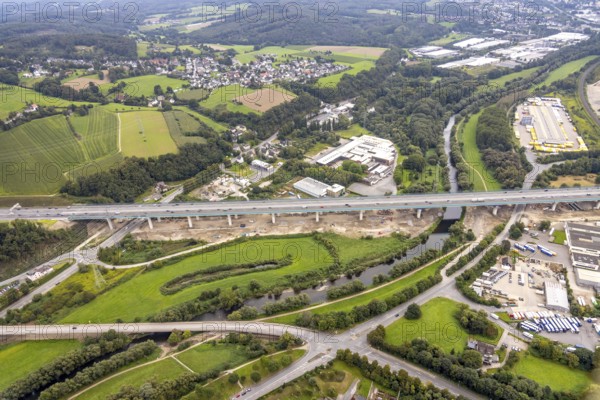 Aerial view, motorway A45 new Lennetal bridge in the district Lennetal in Hagen, Ruhr area, North Rhine-Westphalia, Germany, motorway bridge, bridge, DE, Europe, Hagen, aerial view, aerial photography, aerial photography, lateral displacement, overview, bird's eye view, birds-eyes view, overview
