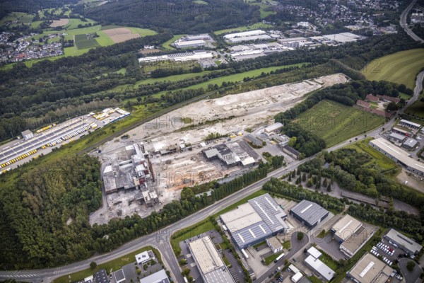 Aerial view, demolition of dolomite works for the construction of an industrial park in the Lennetal district of Hagen, Ruhr area, North Rhine-Westphalia, Germany, demolition, demolition work, construction work, construction site, building site, building plots, construction project, construction site, DE, Europe, Hagen, aerial photograph, aerial photography, aerial photography, overview, bird's-eye view, bird's-eye view, overview