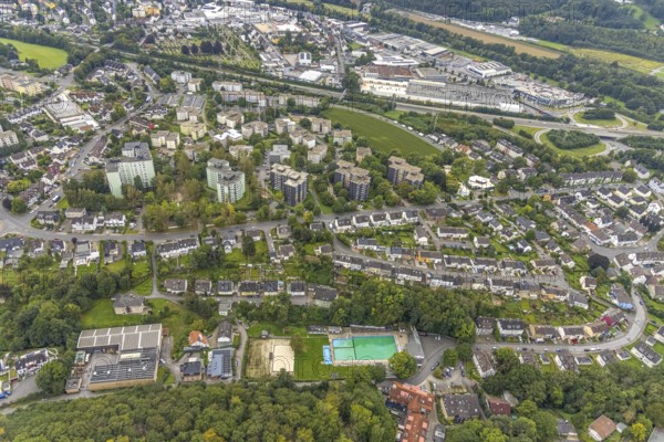 Aerial view, outdoor swimming pool Henkhausen in the district Hohenlimburg in Hagen, Ruhr area, North Rhine-Westphalia, Germany, bathing establishment, bathing resort, DE, Europe, outdoor swimming pool, Hagen, aerial view, aerial photography, aerial photography, swimming pool, overview, bird's-eye view, overview