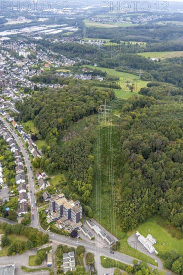 Aerial view, high-rise building and terrace residential building Im Sonnenwinkel with power line in the Hohenlimburg district, Hagen, Ruhr area, North Rhine-Westphalia, Germany, DE, Europe, property tax, real estate, aerial view, aerial photography, aerial photography, overview, bird's eye view, residential complex, living and living, residential buildings, quality of living, birds-eyes view, overview