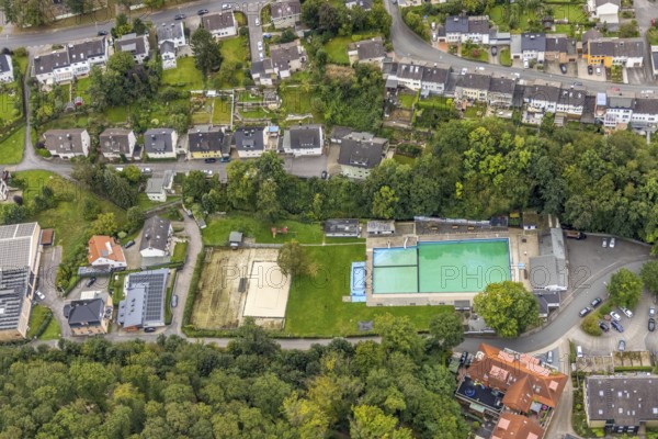 Aerial view, outdoor swimming pool Henkhausen in the district Hohenlimburg in Hagen, Ruhr area, North Rhine-Westphalia, Germany, bathing establishment, bathing resort, DE, Europe, outdoor swimming pool, Hagen, aerial view, aerial photography, aerial photography, swimming pool, overview, bird's-eye view, overview
