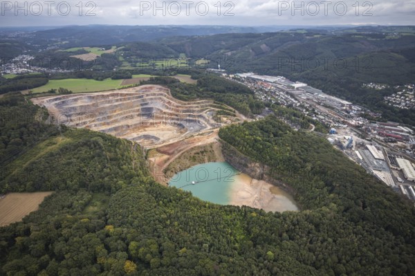 Aerial view, Steltenberg quarry in the Oege district of Hohenlimburg in Hagen, Ruhr area, North Rhine-Westphalia, Germany, DE, Europe, Hagen, Hohenlimburger Kalkwerke GmbH, Steltenberg nature reserve, aerial photograph, aerial photography, aerial photography, nature reserve, quarry, overview, bird's-eye view, overview