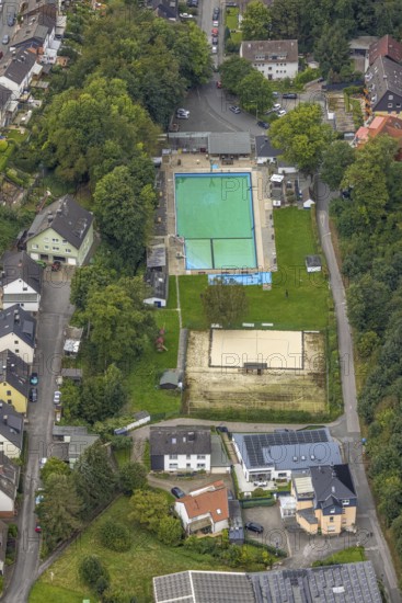 Aerial view, outdoor swimming pool Henkhausen in the district Hohenlimburg in Hagen, Ruhr area, North Rhine-Westphalia, Germany, bathing establishment, bathing resort, DE, Europe, outdoor swimming pool, Hagen, aerial view, aerial photography, aerial photography, swimming pool, overview, bird's-eye view, overview
