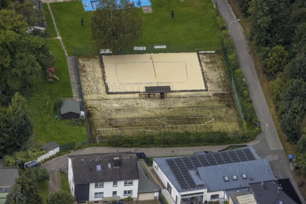 Aerial view, volleyball court at the outdoor swimming pool Henkhausen in the district Hohenlimburg in Hagen, Ruhr area, North Rhine-Westphalia, Germany, bathing establishment, bathing resort, DE, Europe, outdoor swimming pool, Hagen, aerial view, aerial photography, aerial photography, swimming pool, overview, bird's-eye view, overview