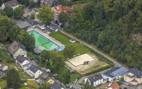 Aerial view, outdoor swimming pool Henkhausen in the district Hohenlimburg in Hagen, Ruhr area, North Rhine-Westphalia, Germany, bathing establishment, bathing resort, DE, Europe, outdoor swimming pool, Hagen, aerial view, aerial photography, aerial photography, swimming pool, overview, bird's-eye view, overview