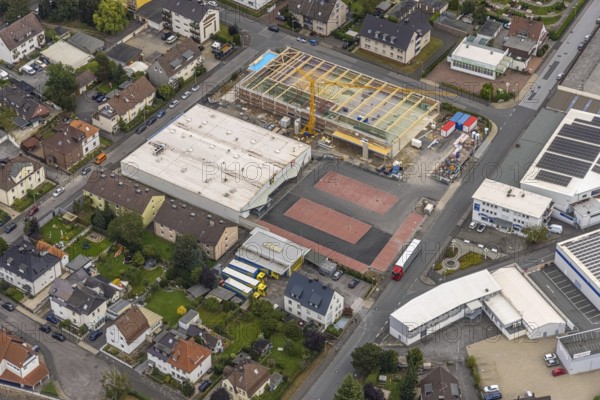 Aerial view, commercial area Elseyer Straße with construction site and new building at Lidl supermarket in the district Hohenlimburg in Hagen, Ruhr area, North Rhine-Westphalia, Germany, construction work, construction area, building site, building plots, construction project, construction site, DE, shopping markets, shopping centre, Europe, commercial enterprises, commercial area, commercial area, commercial park, commercial location, commercial use, Hagen, industrial area, industrial building, industrial location, aerial view, aerial photography, aerial photography, local supply centre, new building, supermarket, overview, bird's-eye view, overview