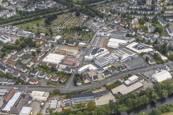 Aerial view, commercial area Elseyer Straße with construction site and new building at Lidl in the district Hohenlimburg in Hagen, Ruhr area, North Rhine-Westphalia, Germany, construction work, construction area, construction site, building plots, construction project, construction site, DE, Europe, commercial enterprises, commercial area, commercial park, commercial location, commercial use, Hagen, industrial area, industrial building, industrial location, aerial view, aerial photography, aerial photography, new building, overview, bird's eye view, overview