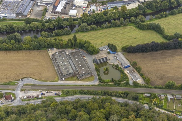 Aerial photo, Heermann GmbH in Barmerfeld in the district Hohenlimburg in Hagen, Ruhr area, North Rhine-Westphalia, Germany, DE, Europe, commercial enterprises, commercial area, commercial area, commercial location, commercial use, Hagen, industrial area, industrial location, aerial photograph, aerial photography, aerial photography, overview, bird's-eye view, overview