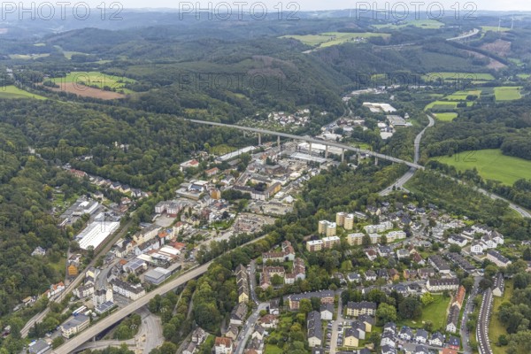 Aerial view, local view and commercial area Eilpe with federal road 54 and the bridge Volmeabstieg in the district Eilpe in Hagen, Ruhr area, North Rhine-Westphalia, Germany, bridge, DE, Europe, commercial enterprises, commercial area, commercial area, commercial location, commercial use, Hagen, industrial area, industrial building, industrial location, aerial view, aerial photography, aerial photography, overview, bird's-eye view, overview